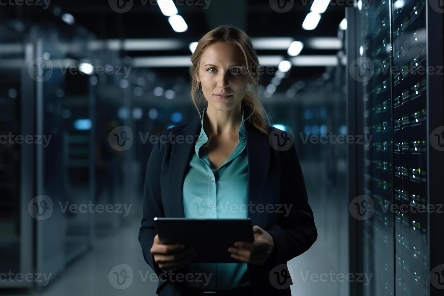 Successful Female Data Center IT Specialist Using Tablet Computer. photo
