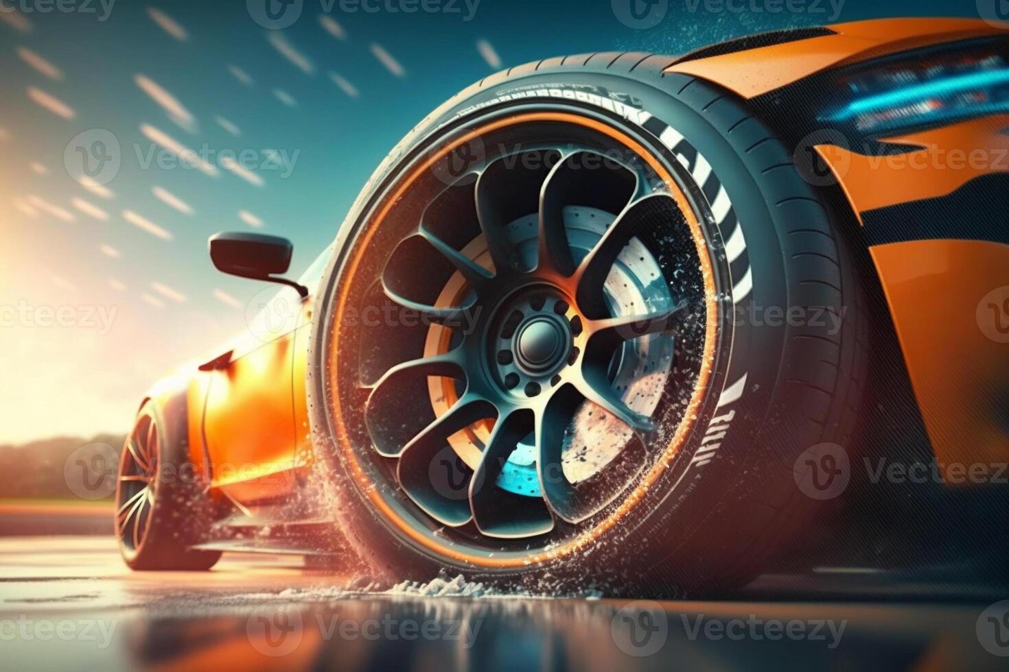 3D rendering , Sport Car Raceing on race track , Car wheel drifting. photo