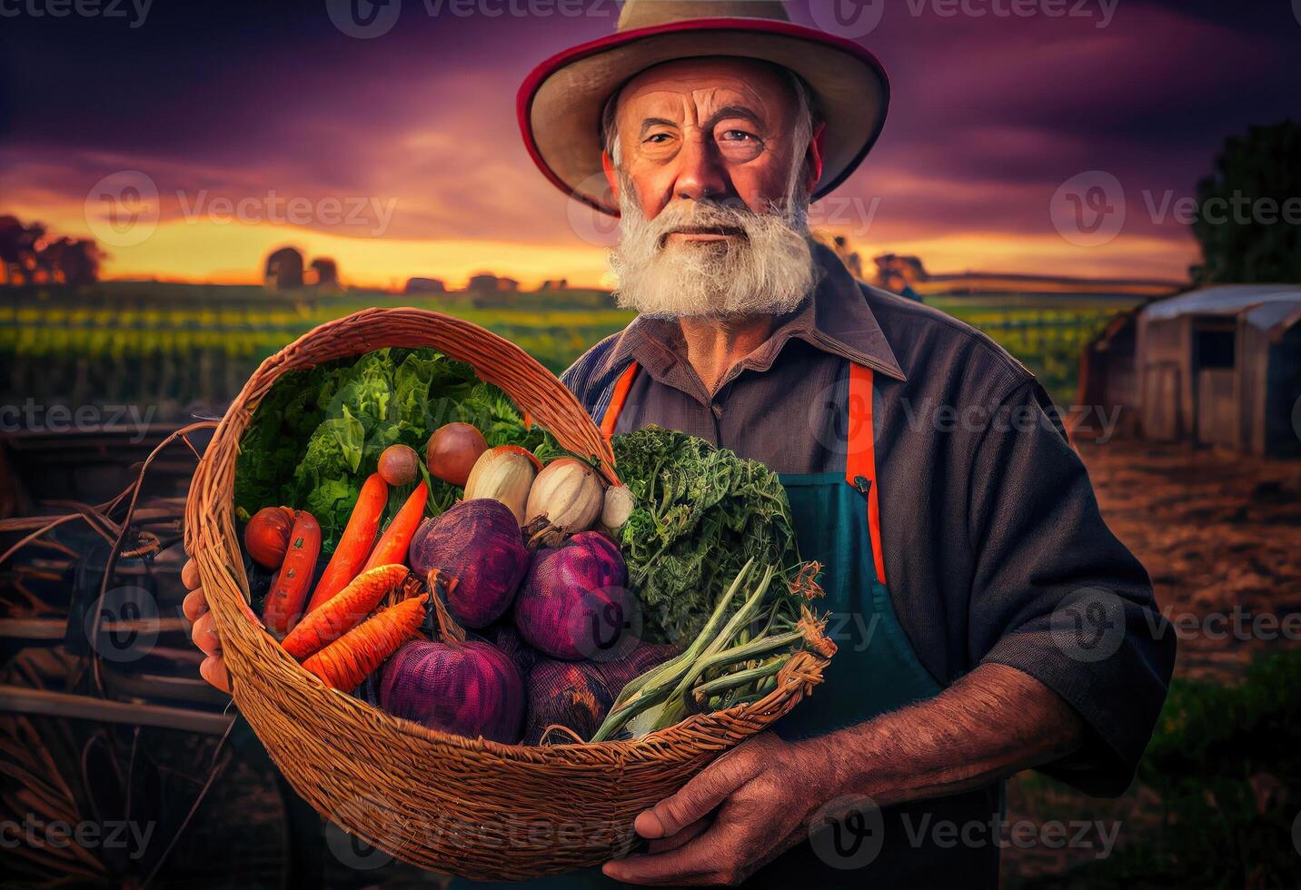 Farmer holds a basket of harvested vegetables against the background of a farm. Harvesting. . photo