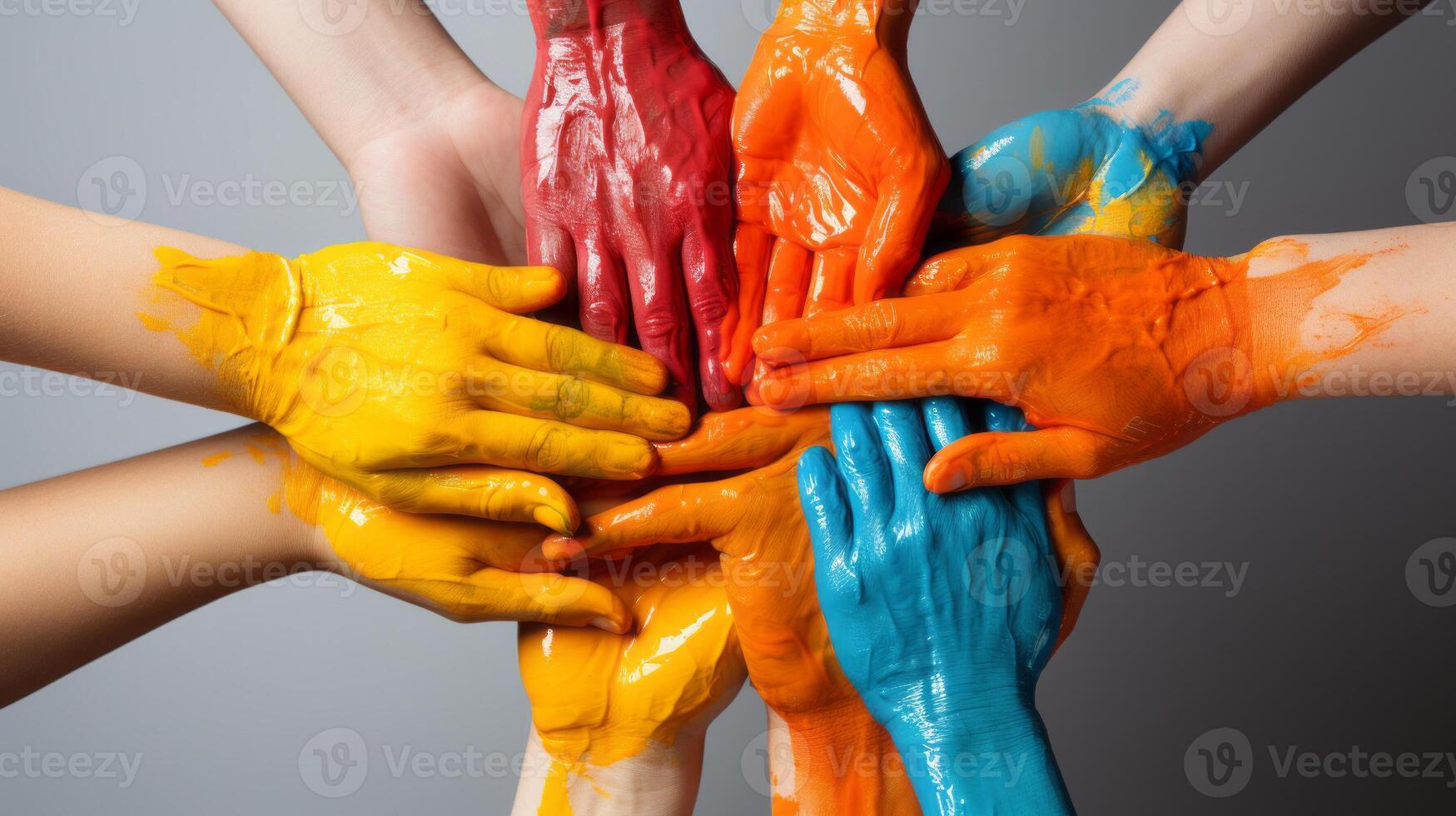 Many different hands of kids arranges in a circle with the hand palms painted with colored paint, white background,. photo