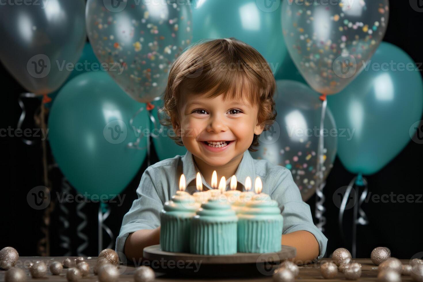 A small happy boy holding up a birthday cake to the camera. photo
