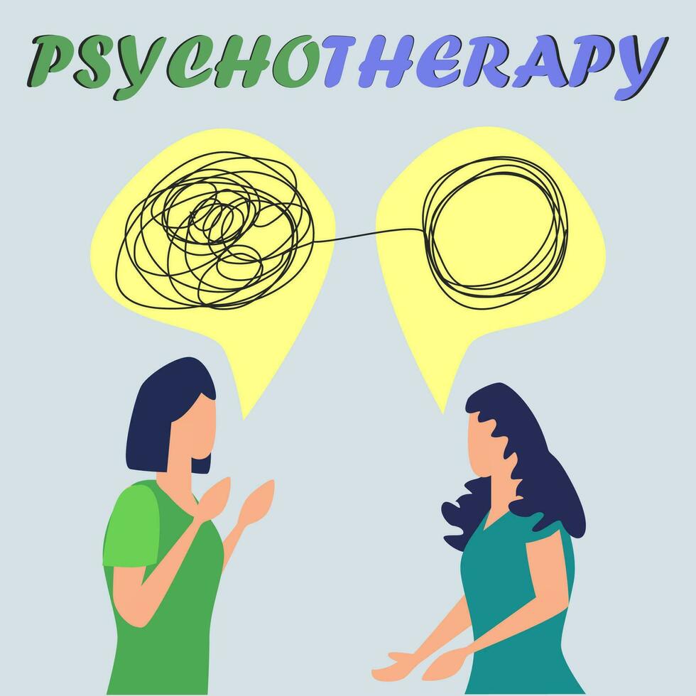 Psychotherapy illustration with hands and tangled thread, illustration vector