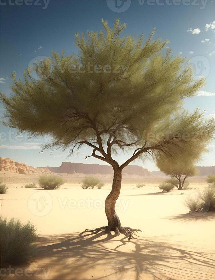 soltero verde árbol en el desierto. ai generado foto