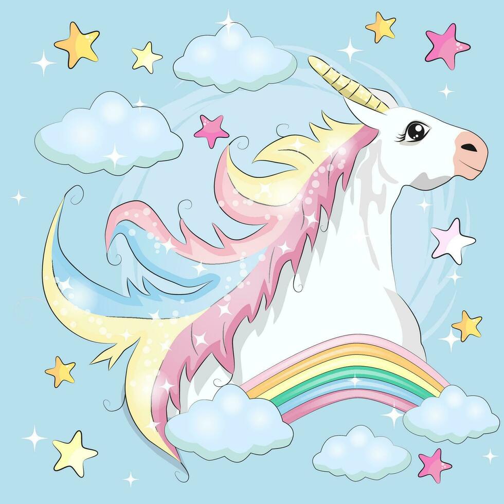 kawaii noche cielo composición con unicornio rosas estrellas y Luna creciente aislado en whte antecedentes. festivo antecedentes o saludo tarjeta. pastel godo paleta. vector