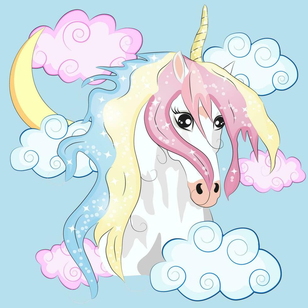 kawaii noche cielo composición con unicornio rosas estrellas y Luna creciente aislado en whte antecedentes. festivo antecedentes o saludo tarjeta. pastel godo paleta. vector