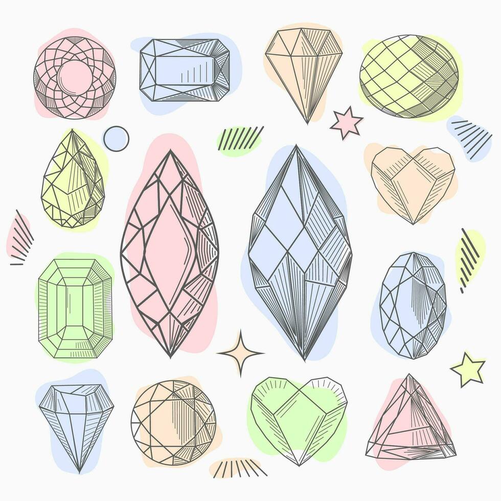 hand drawn line art crystals, isolated objects. Crystal stone crystalline gem and precious gemstone for jewellery illustration vector