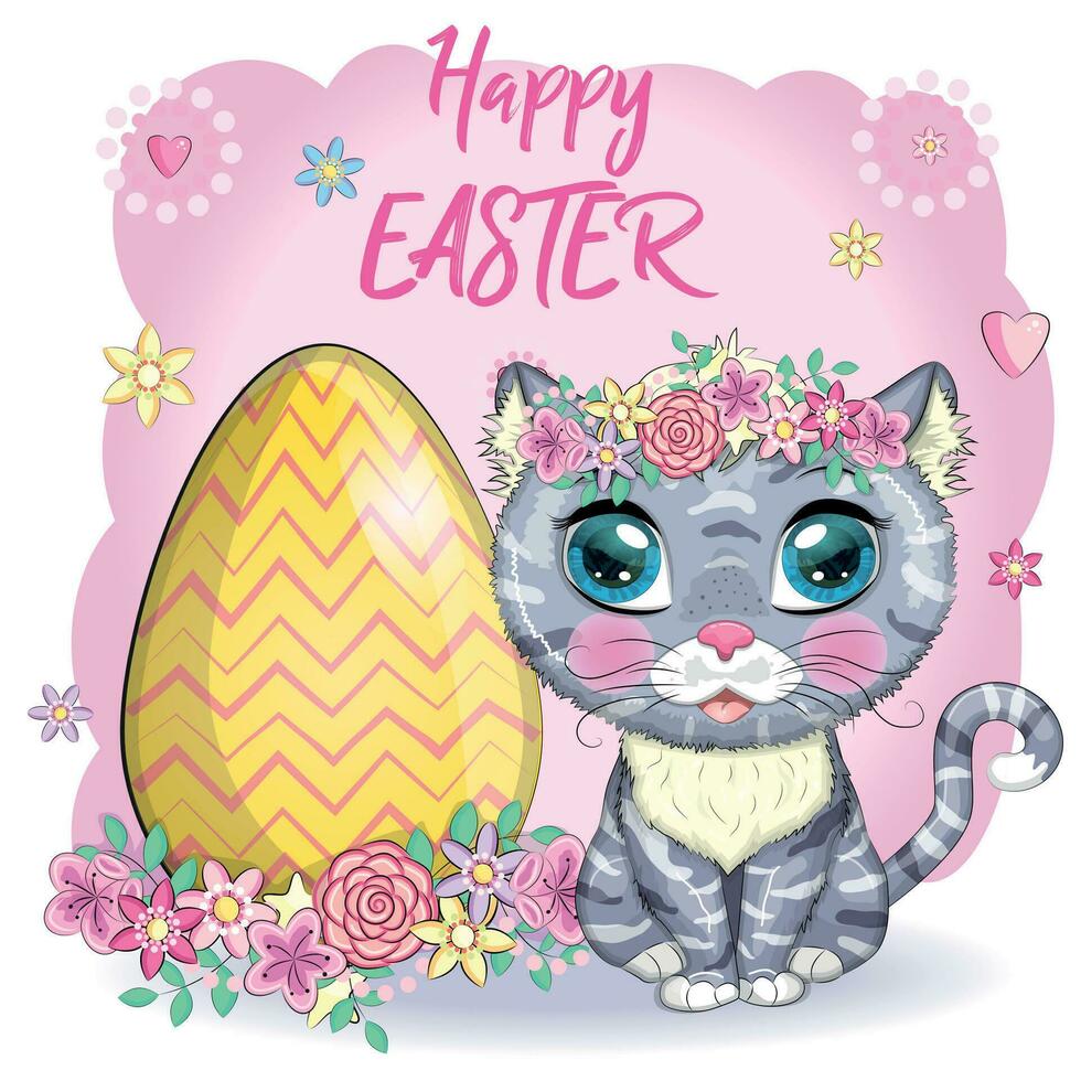Cute cartoon Cat near a beautiful Easter basket full of eggs. Happy Easter card vector