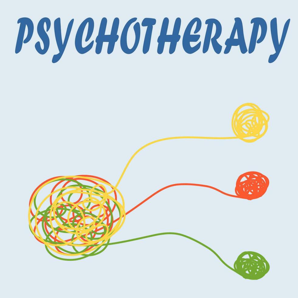 Psychotherapy illustration with hands and tangled thread, illustration vector