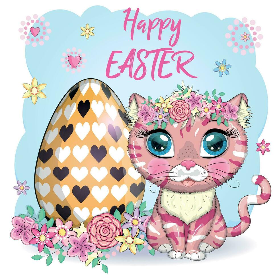lindo gato de dibujos animados cerca de una hermosa canasta de Pascua llena de huevos. feliz tarjeta de pascua vector