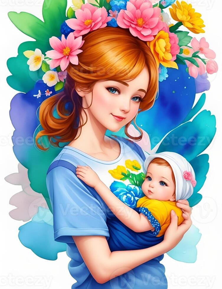 Detailed illustration of mother holding baby. . photo