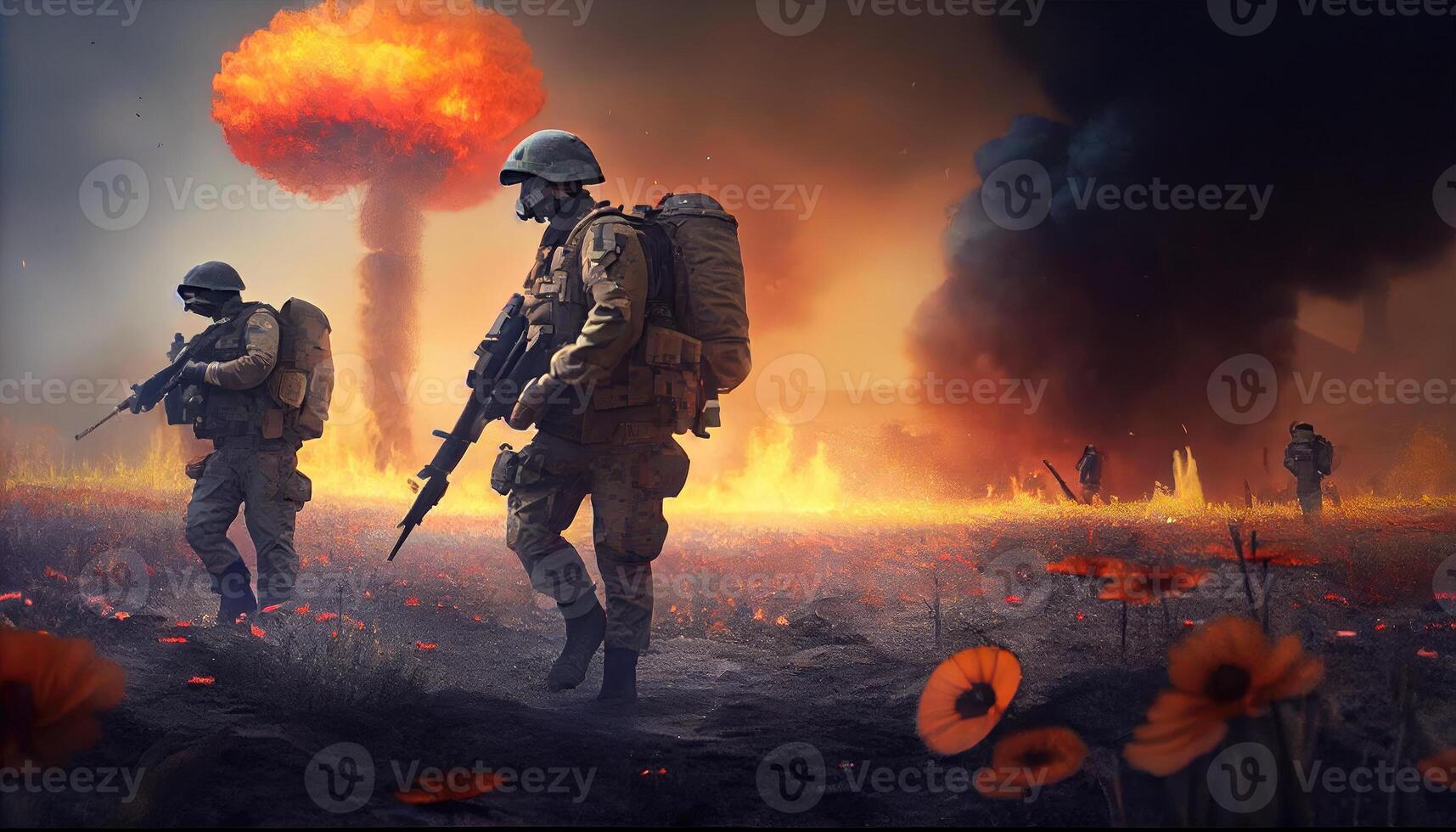 militar especial efectivo soldados cruces destruido zona de guerra mediante fuego y fumar en un primavera flor campo ai generado. foto