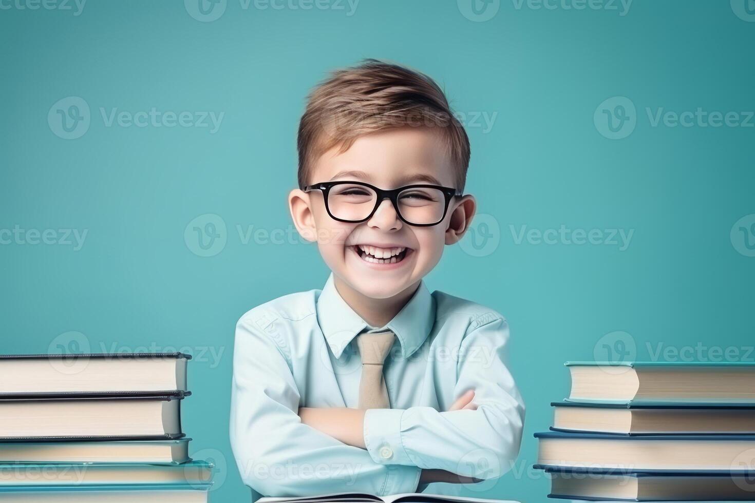 portrait of a happy child little boy with glasses sitting on a stack of books and reading a books, light blue background. photo