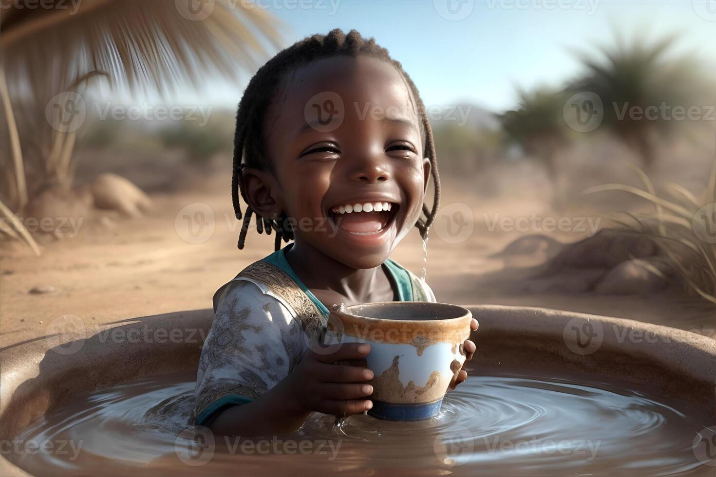 Drought lack of water problem Laughing child in Africa. AI Generated photo