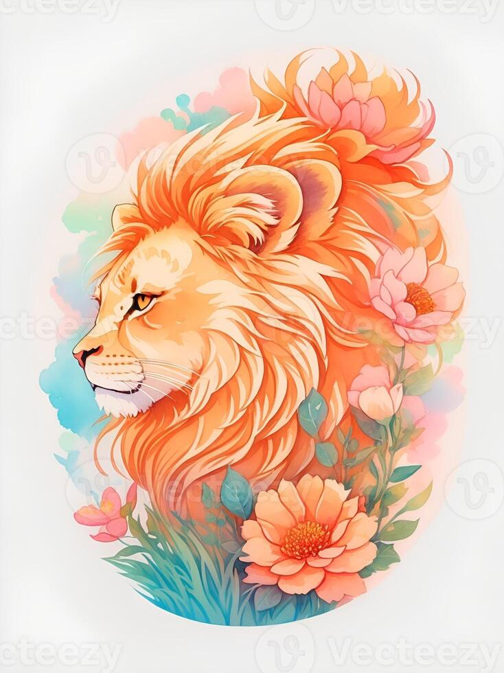 Sticker, A detailed illustration a print of vivid cute lion head. . photo