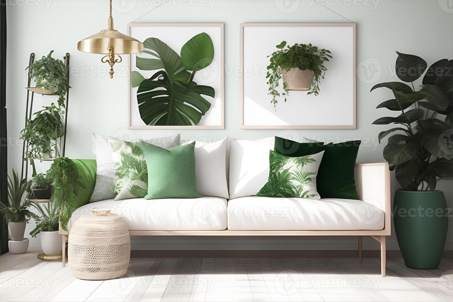 Square vertical frame mockup in boho style room interior. photo