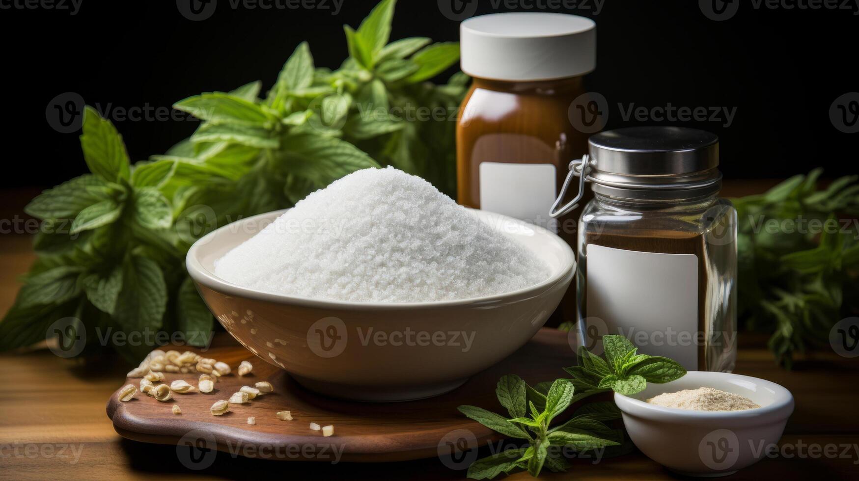 stevia sugar in the wooden bowl, with fresh stevia leaves. photo