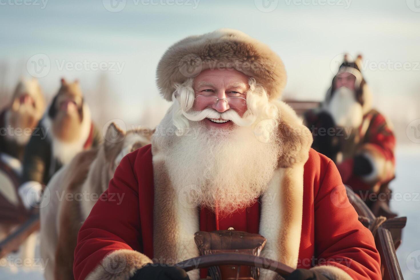 a happy and cheerful Santa Claus standing by a sleighs in North Pole.. photo