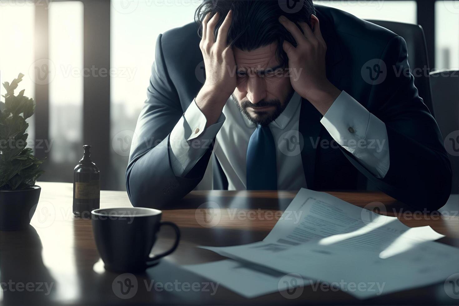 Businessman sits at a table with his head in his hands. Stress. photo