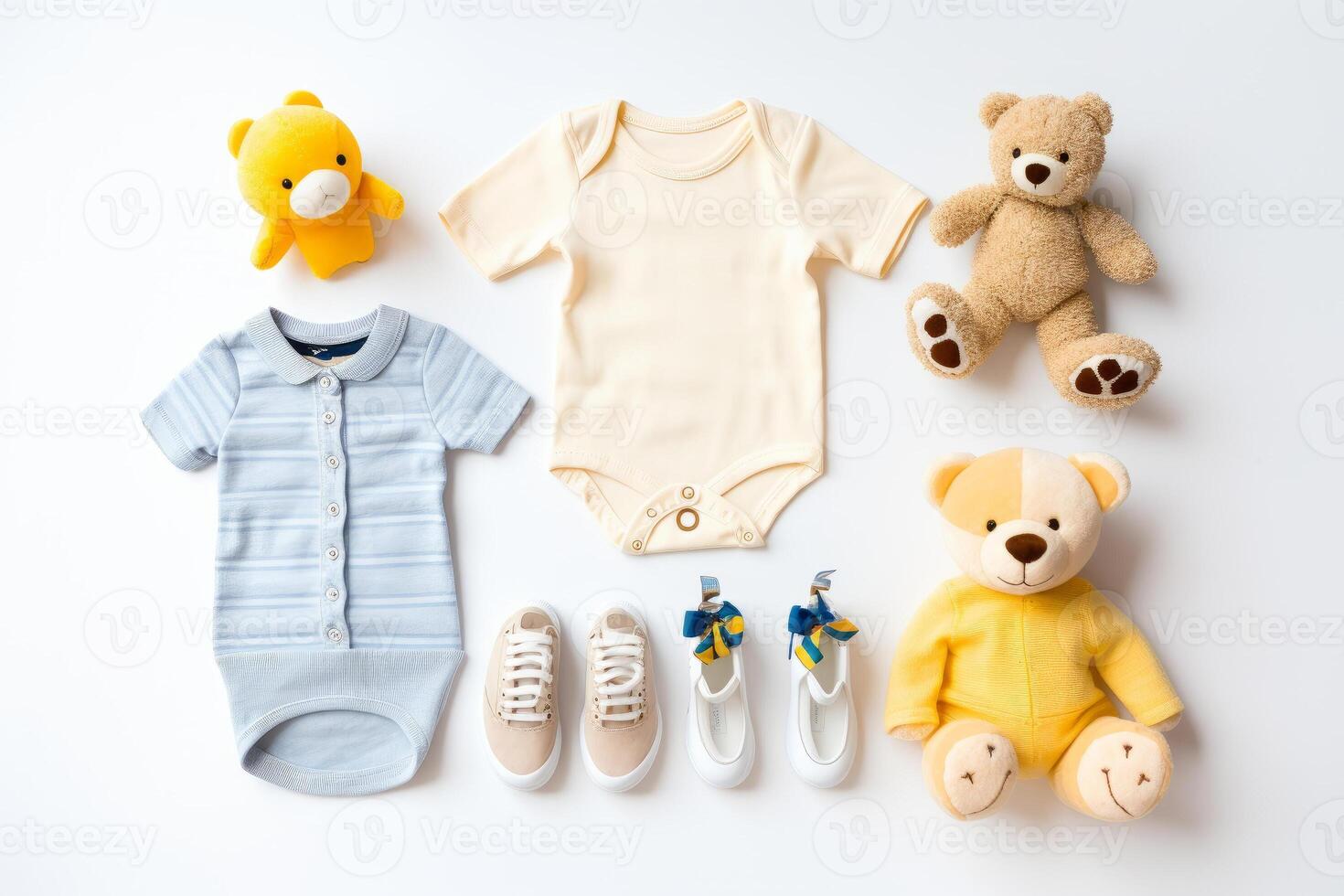 Cute baby clothes for boy and girl, rattle, bottle and dummy space in the middle, on white background top view. photo