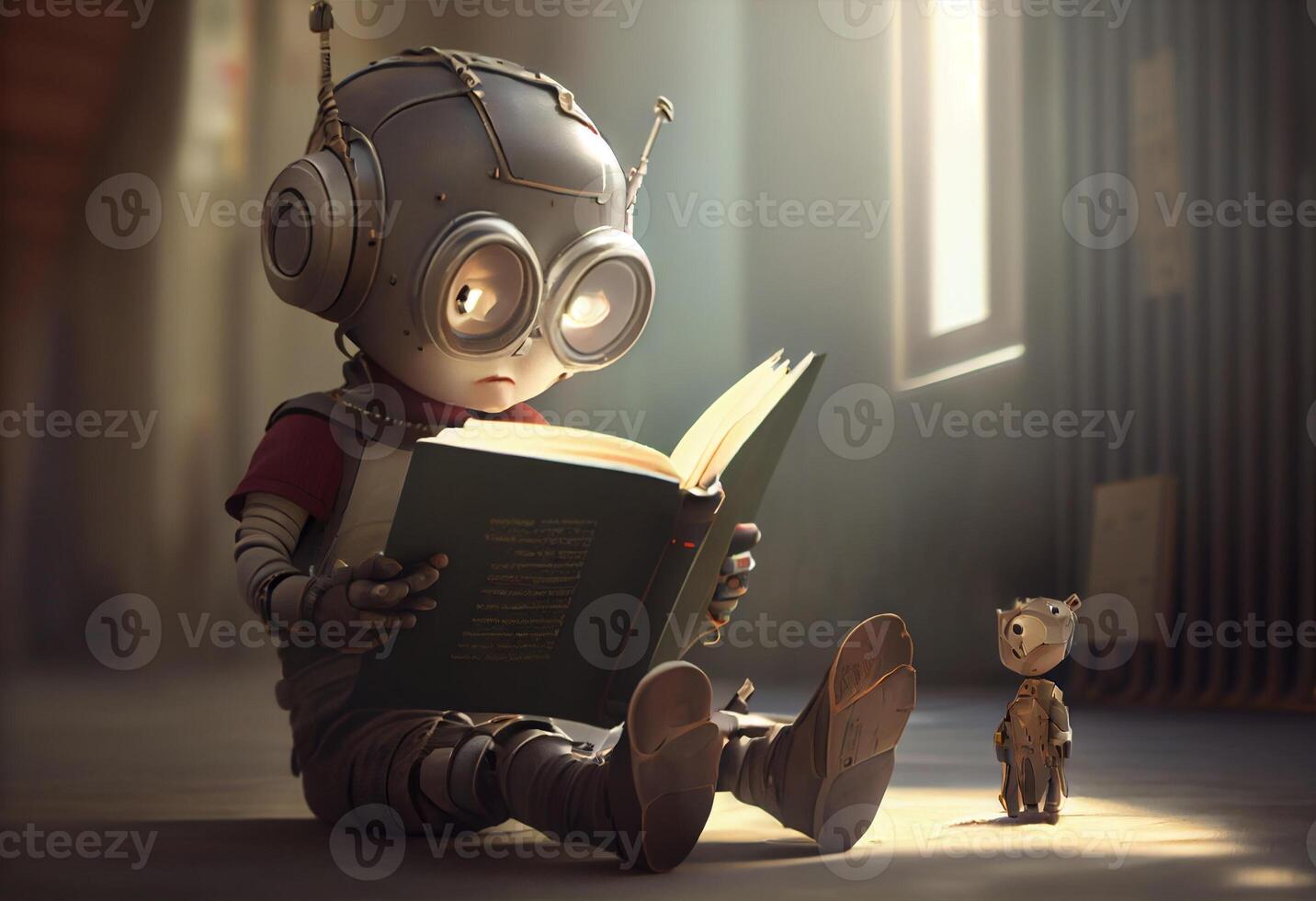 Robot child reading a book , Robot education a book. photo