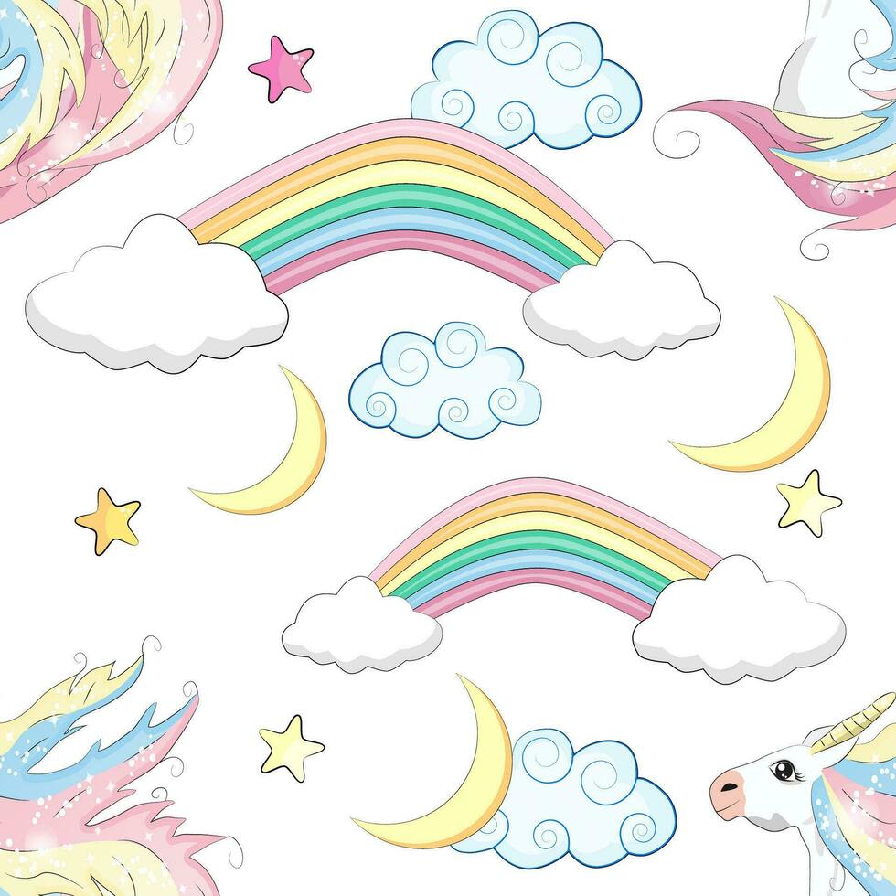 sin costura modelo con linda unicornios, nubes, arcoiris y estrellas. magia antecedentes con pequeño unicornios vector