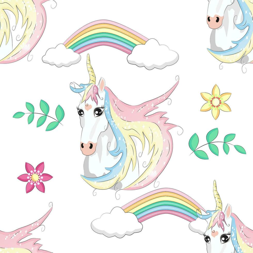 Seamless pattern with cute unicorns, clouds,rainbow and stars. Magic background with little unicorns vector