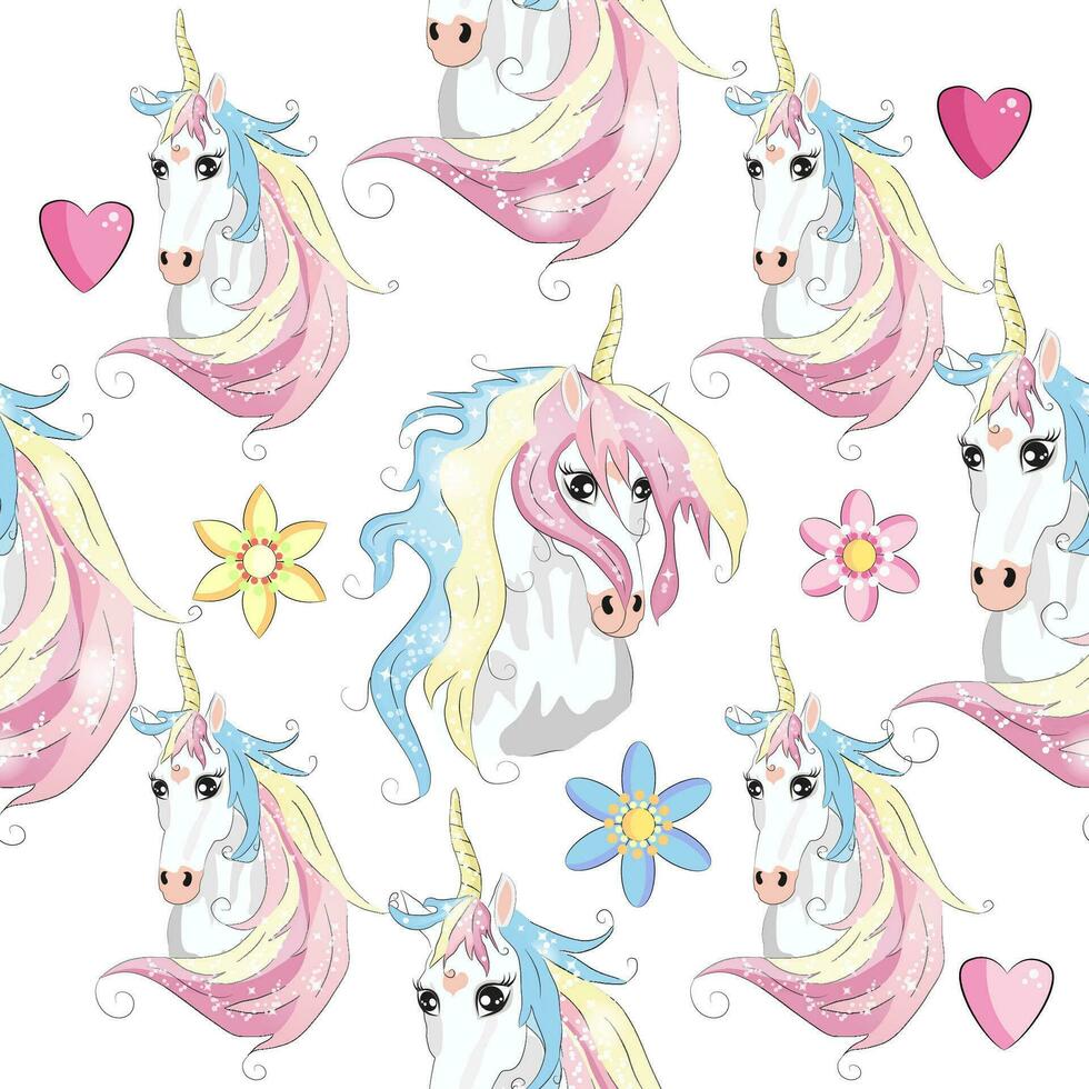 Seamless pattern with cute unicorns, clouds,rainbow and stars. Magic background with little unicorns vector