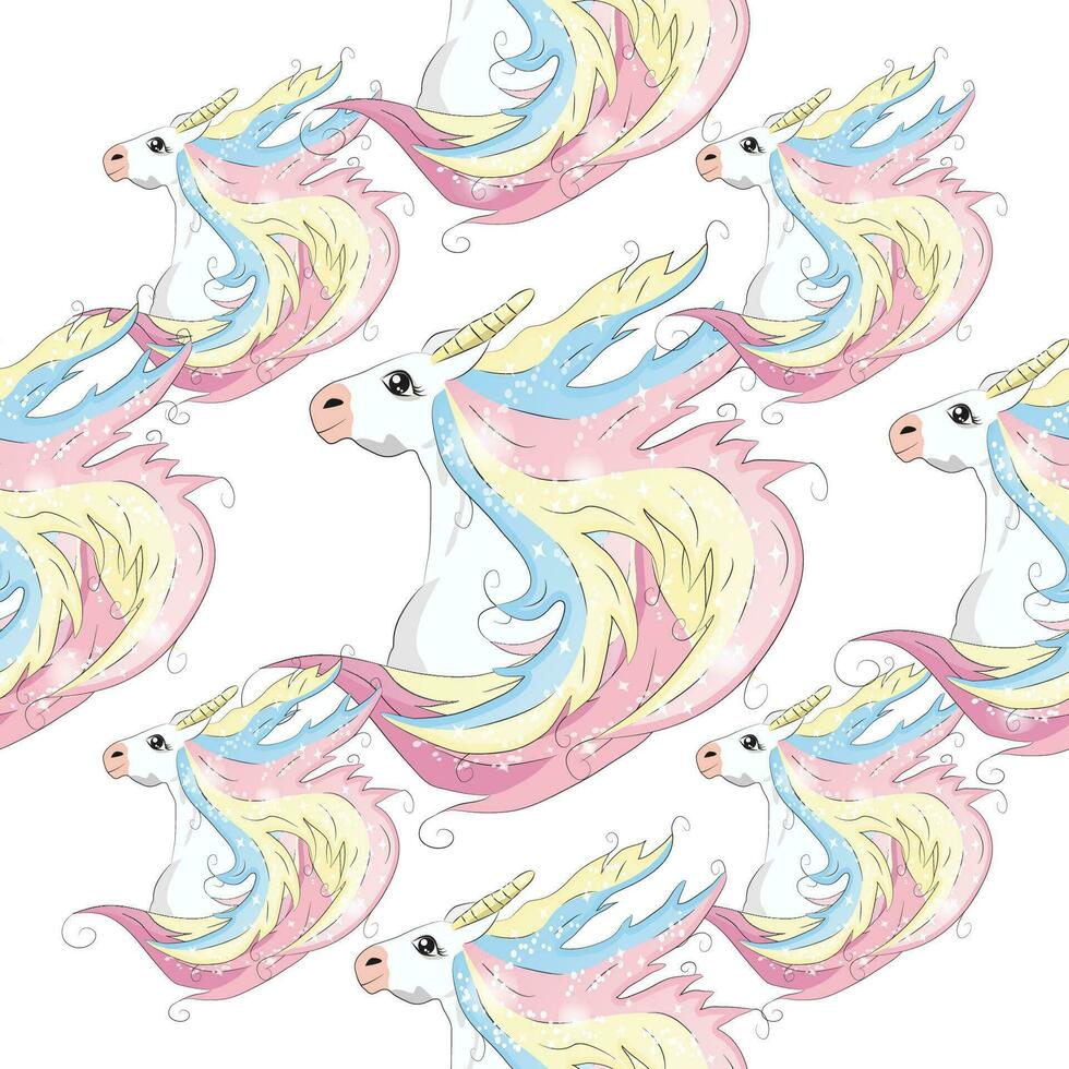 sin costura modelo con linda unicornios, nubes, arcoiris y estrellas. magia antecedentes con pequeño unicornios vector