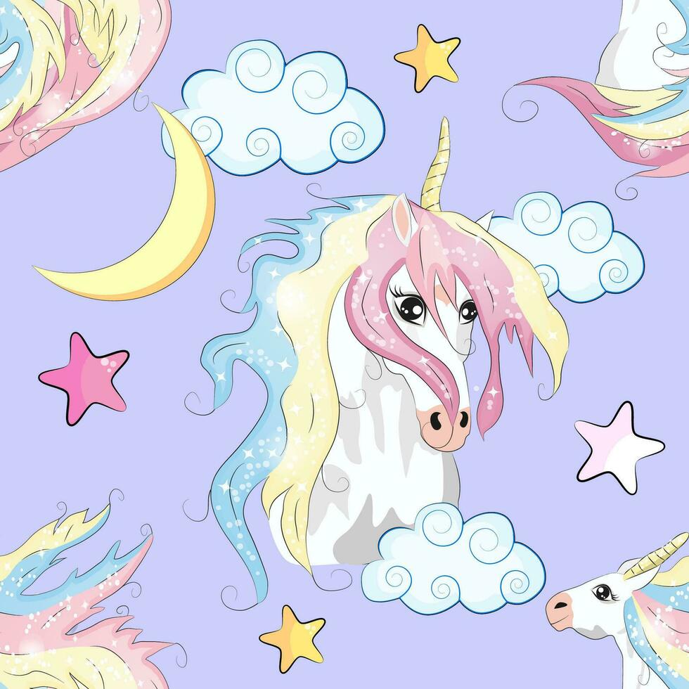 sin costura modelo con linda unicornios, nubes, arcoiris y estrellas. magia antecedentes con pequeño unicornios vector