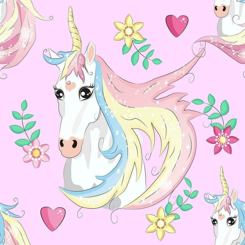 Seamless pattern with cute unicorns, clouds,rainbow and stars. Magic background with little unicorns vector