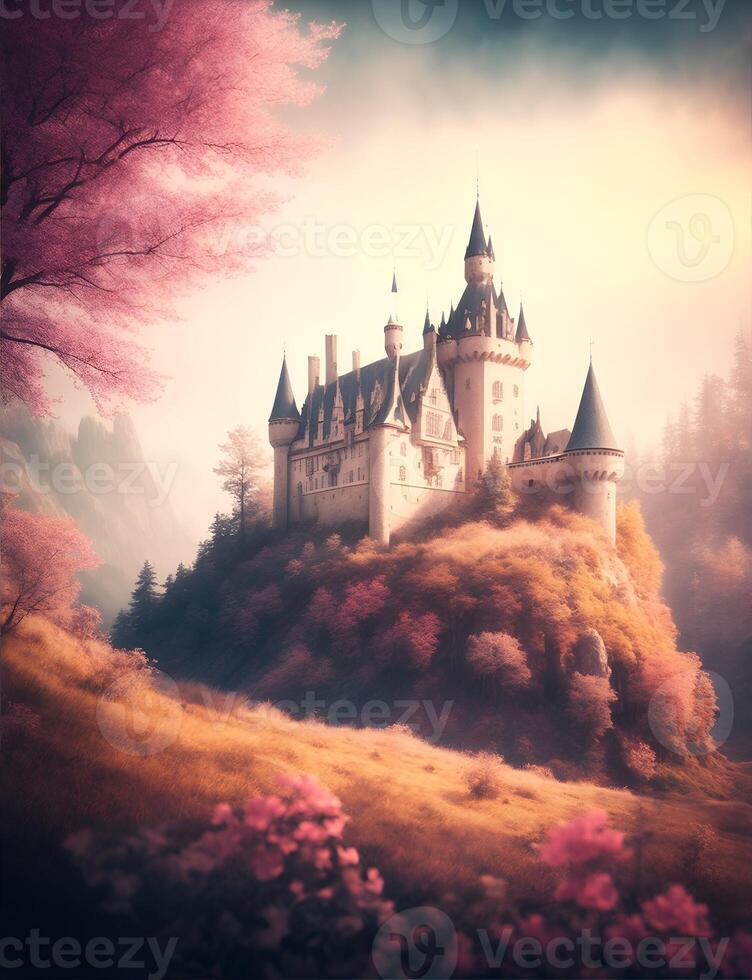 Castle, natural highlights, bright colors, realistic wide angle, mystical environment. . photo