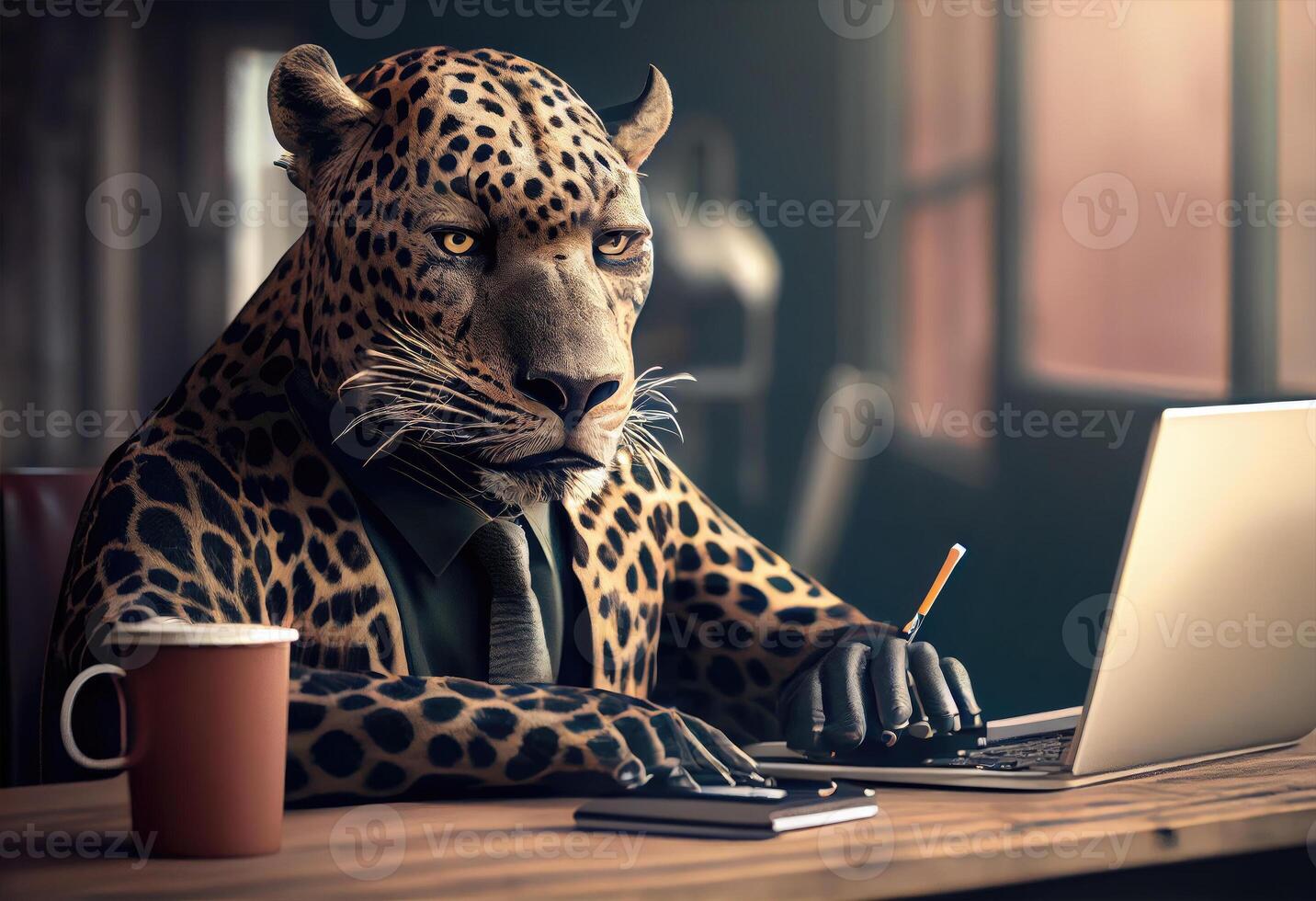 Portrait of an anthropomorphic jaguar as a developer in the office. photo