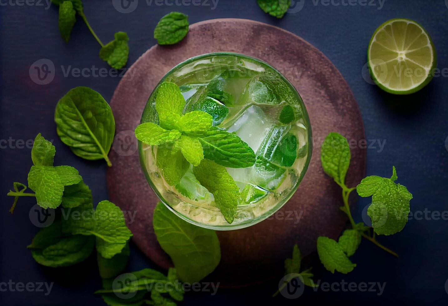Top view of refreshing mint cocktail mojito. . photo
