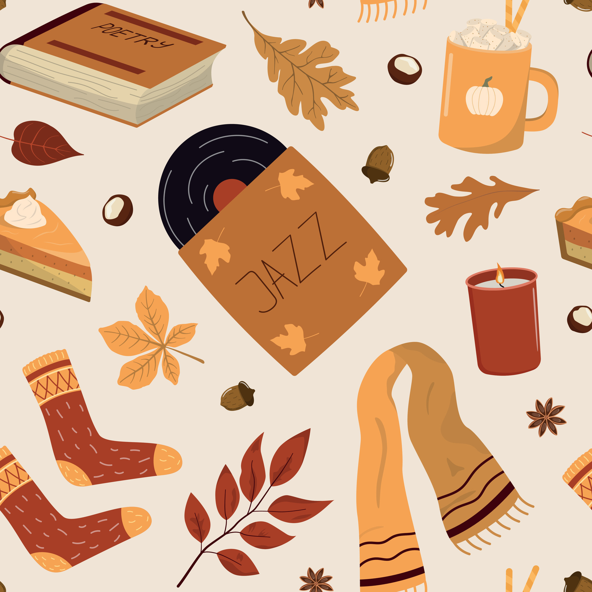 Cozy autumn style seamless pattern. Warm drink, pie with cream, music  record, poetry book, knitted socks, wool scarf, candle. Autumn wallpaper on  beige background 25470595 Vector Art at Vecteezy
