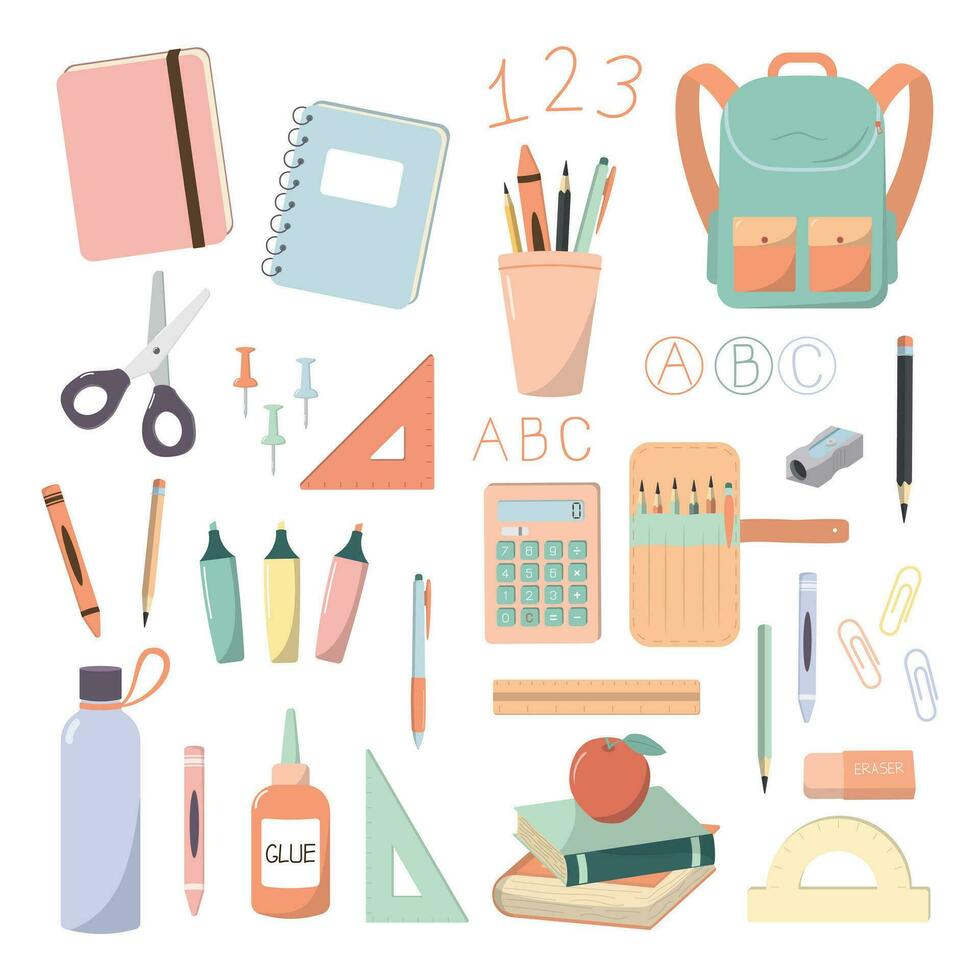 Set of cartoon school items and supplies Vector elements of education. Isolated on white background. Back to school theme