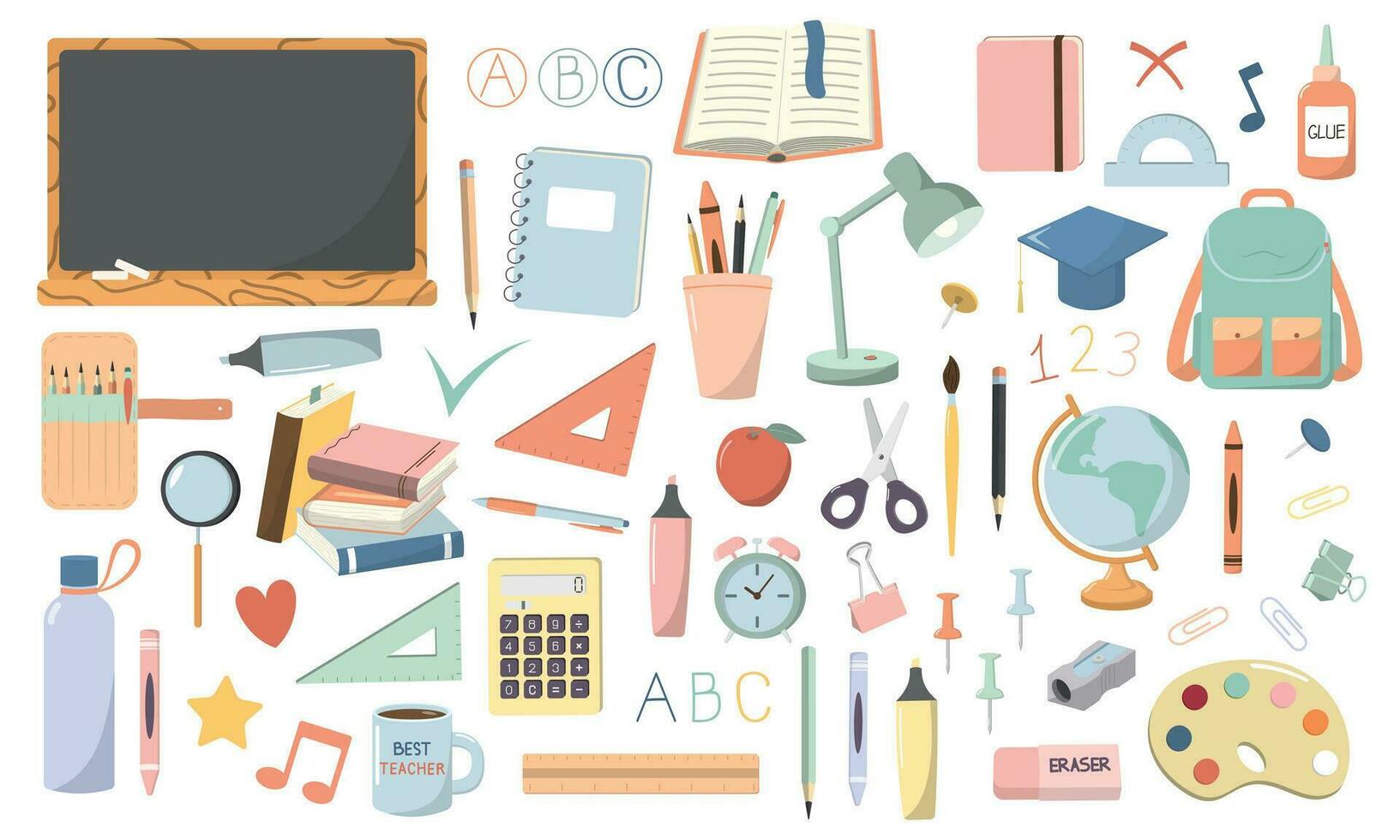 Set of cartoon school stationery, items, accessories, and elements for education. Vector illustration. Isolated on white background. Back to school theme