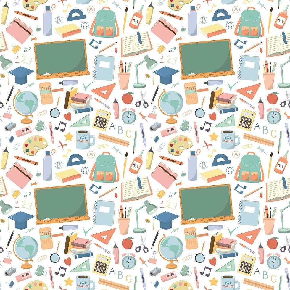 School seamless pattern with cartoon study supplies, stationary. Graphic for wrapping paper, scrapbooking, stationery, wallpaper, kids textile. Back to school theme. Isolated on white background. vector