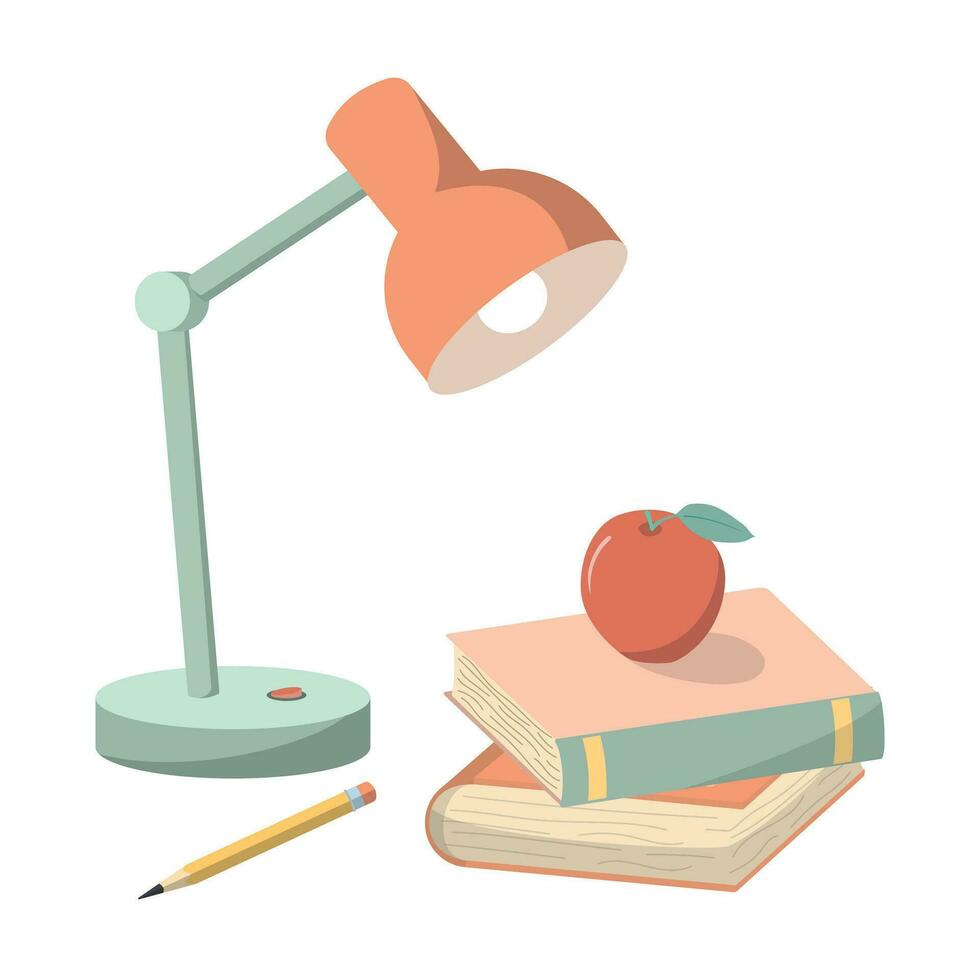 dibujos animados apilar libros en mesa con lámpara y lápiz, vector ilustración. aislado en blanco antecedentes. concepto de leyendo para exámenes, tarea, aprendiendo, y educación