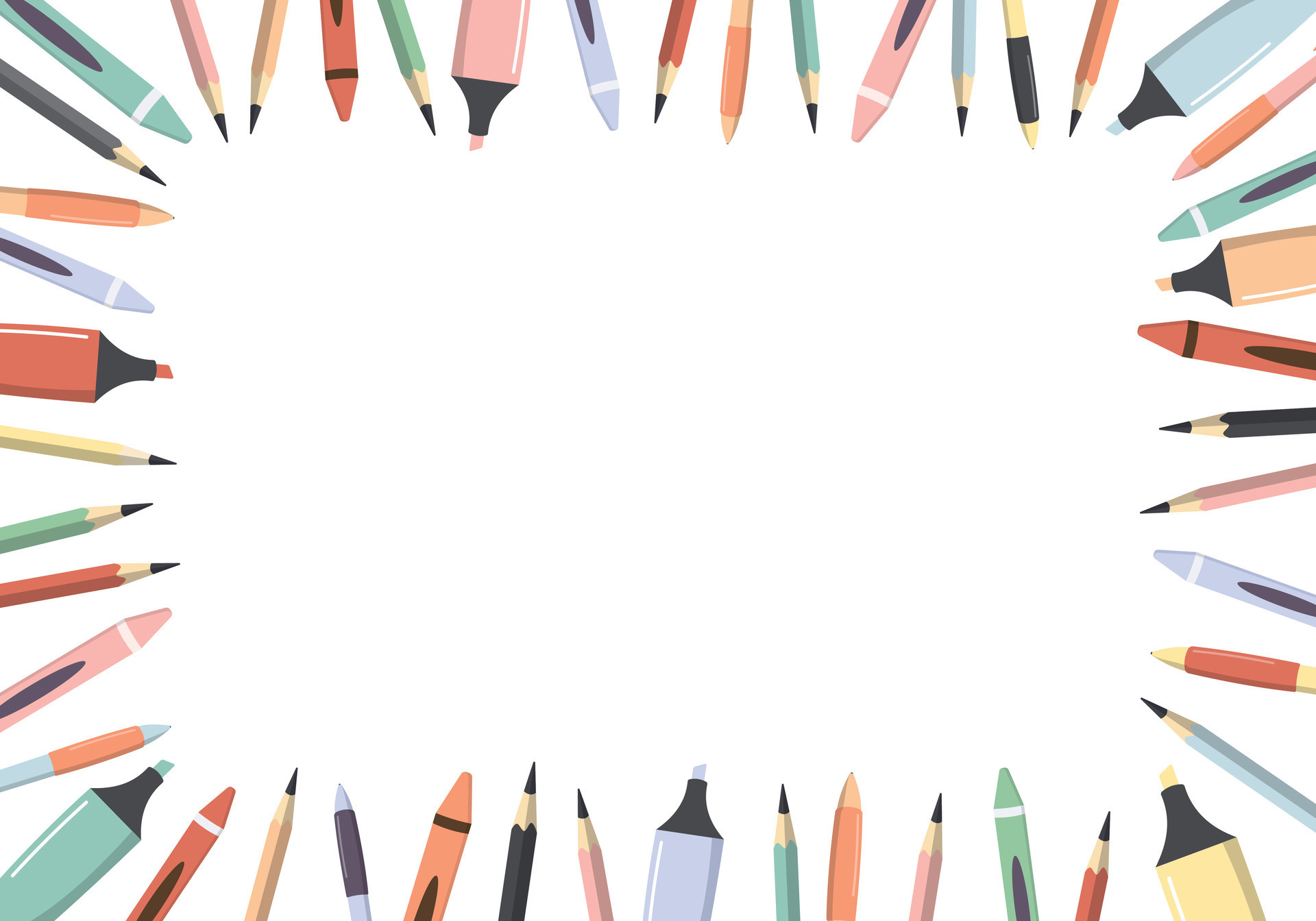 Colorful pens, pencils, crayons and highlighters. Frame border