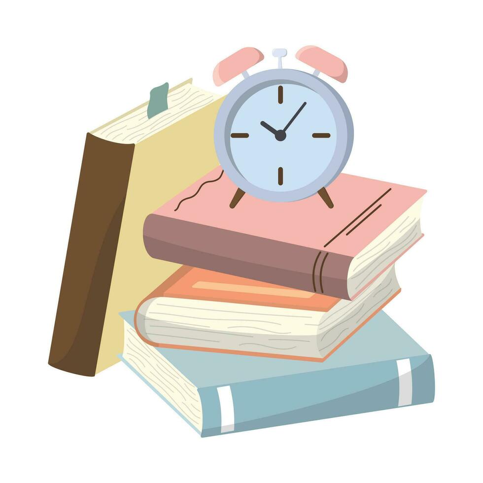 Stack of book with alarm clock on the top. Vector illustration. Isolated on white background. Perfect for back to school poster