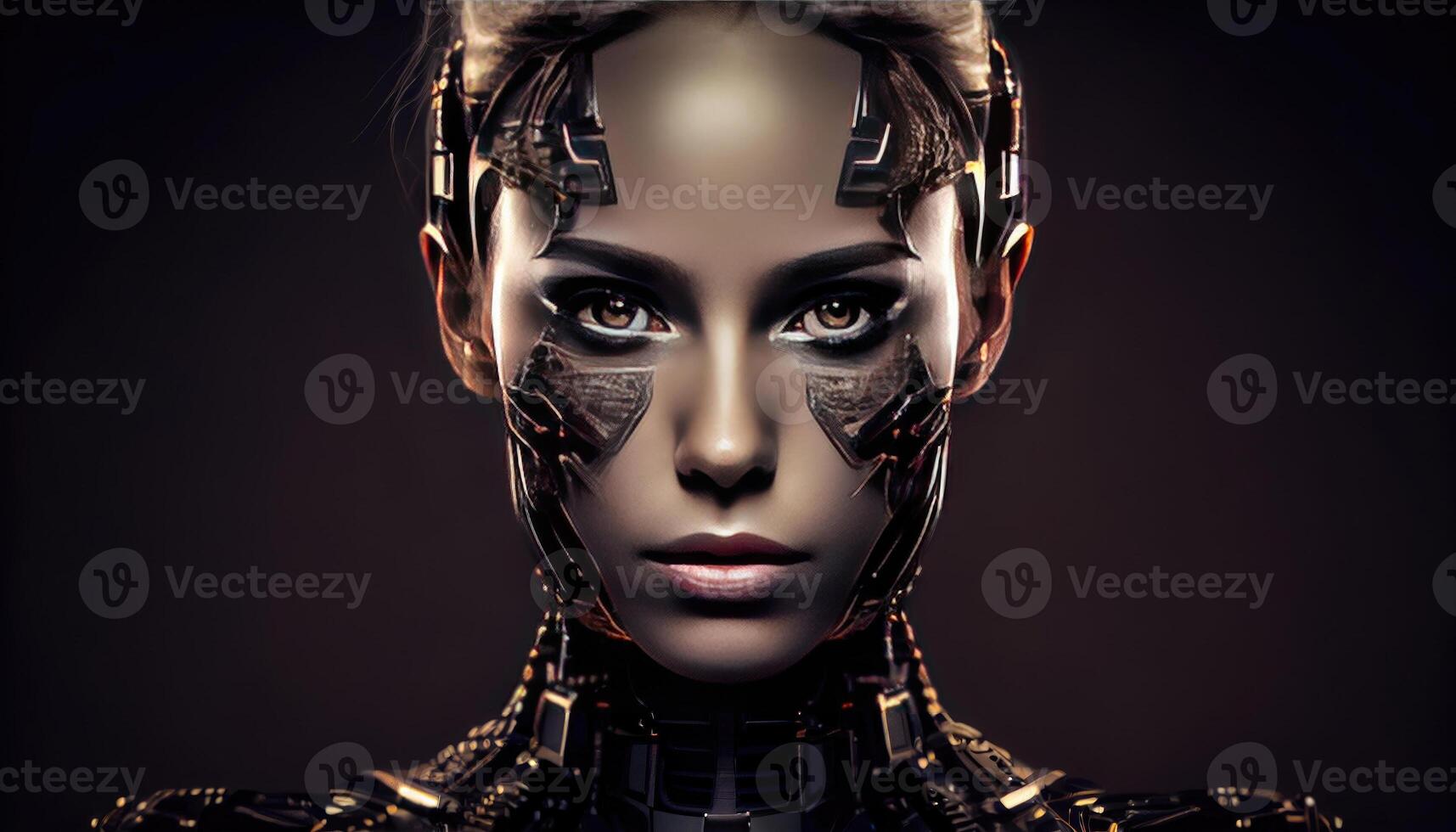 Robot woman look in camera on black background . photo