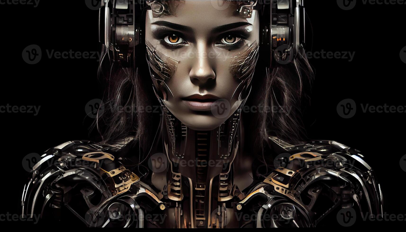 Robot woman look in camera on black background . photo
