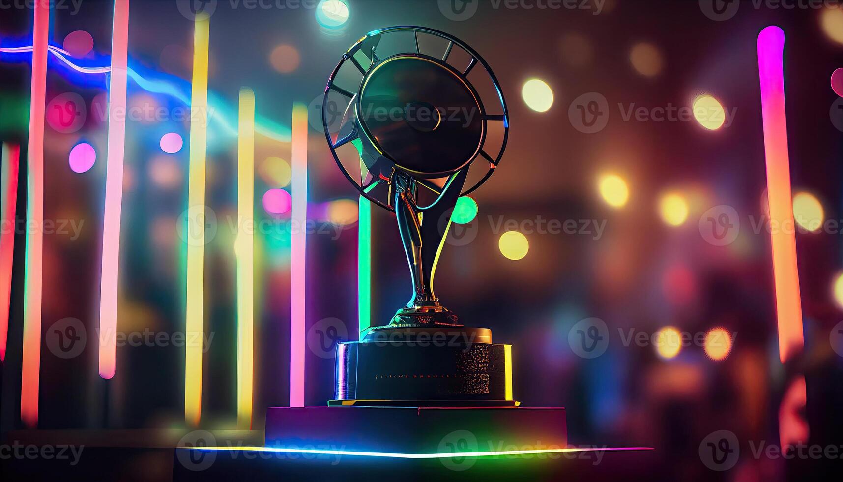 Winner trophy on a stage at studio illuminated by neon lights with blurred background. photo