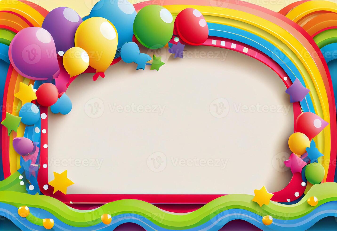 Colorful rainbow birthday party border frame background. photo