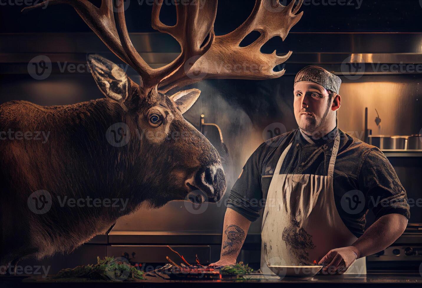 Portrait of a elk and chef in a restaurant kitchen. photo