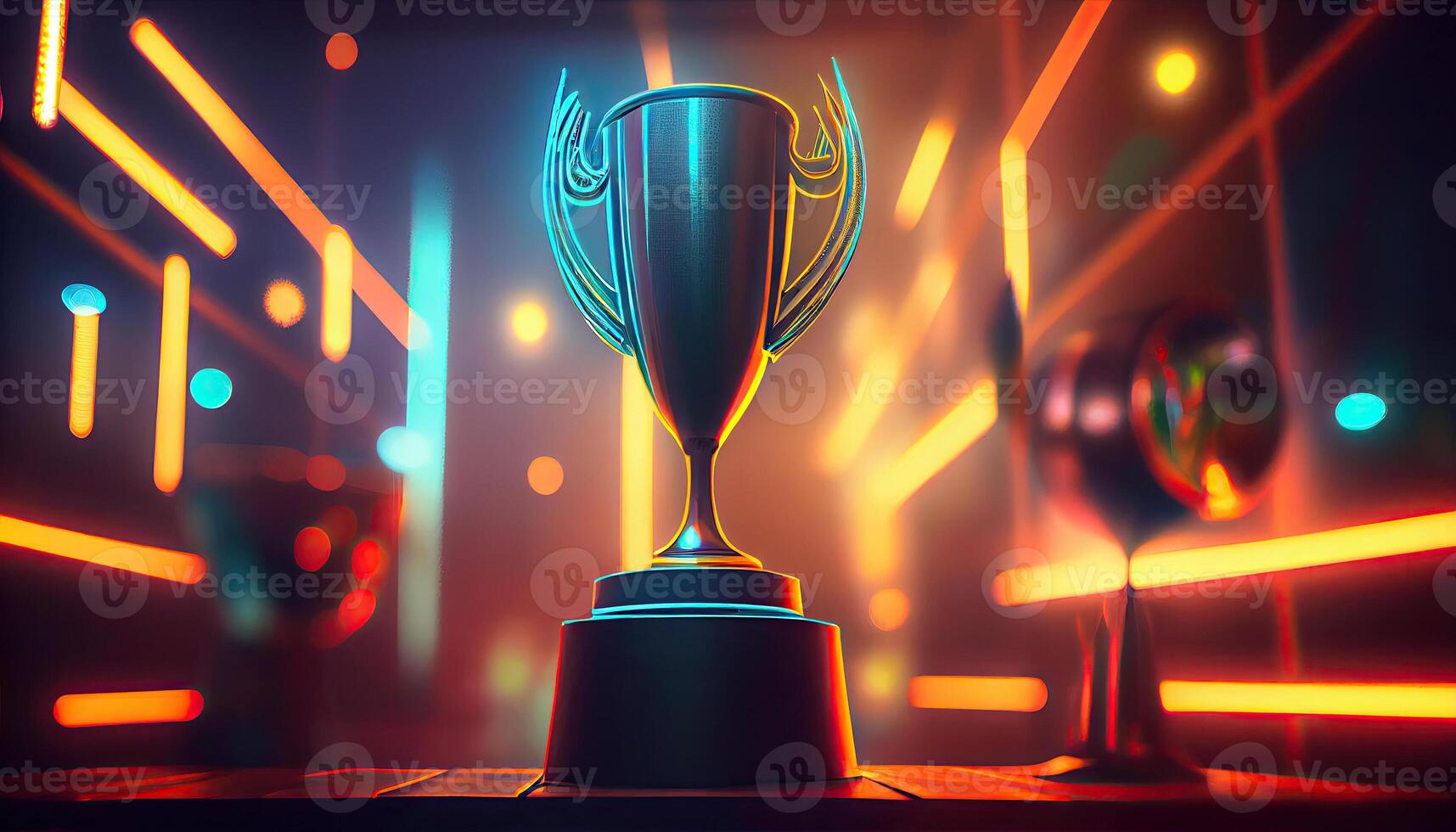 Winner trophy on a stage at studio illuminated by neon lights with blurred background. . photo