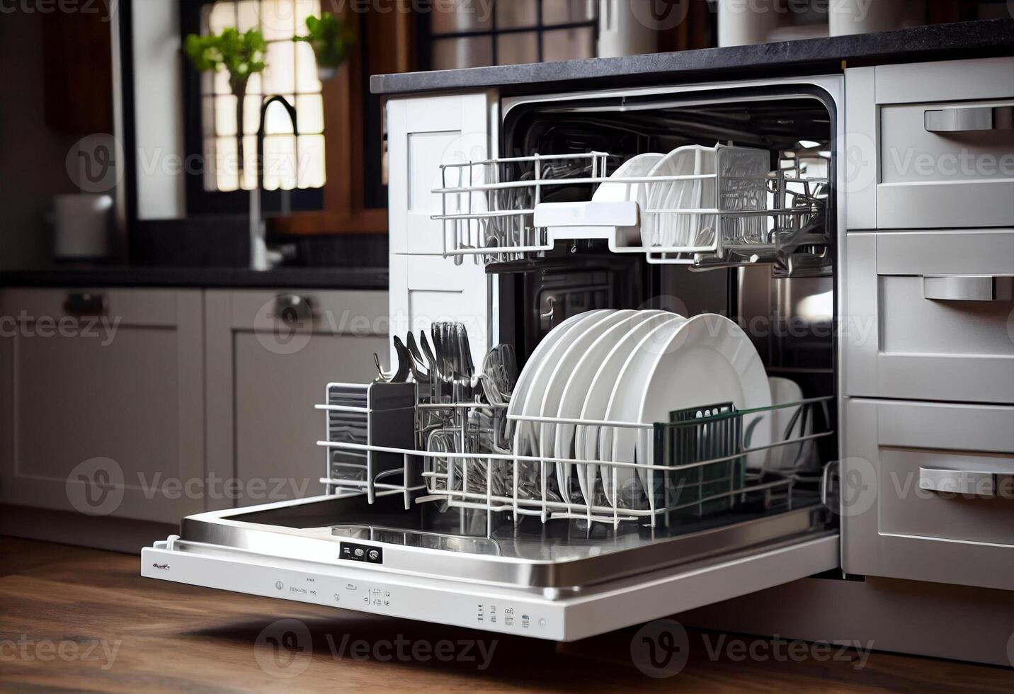 Open dishwasher with clean dishes inside in kitchen. photo
