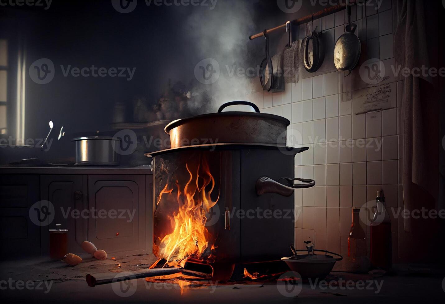 Stove ignited in the modern kitchen during cooking, smoke and soot around, fire at home. photo