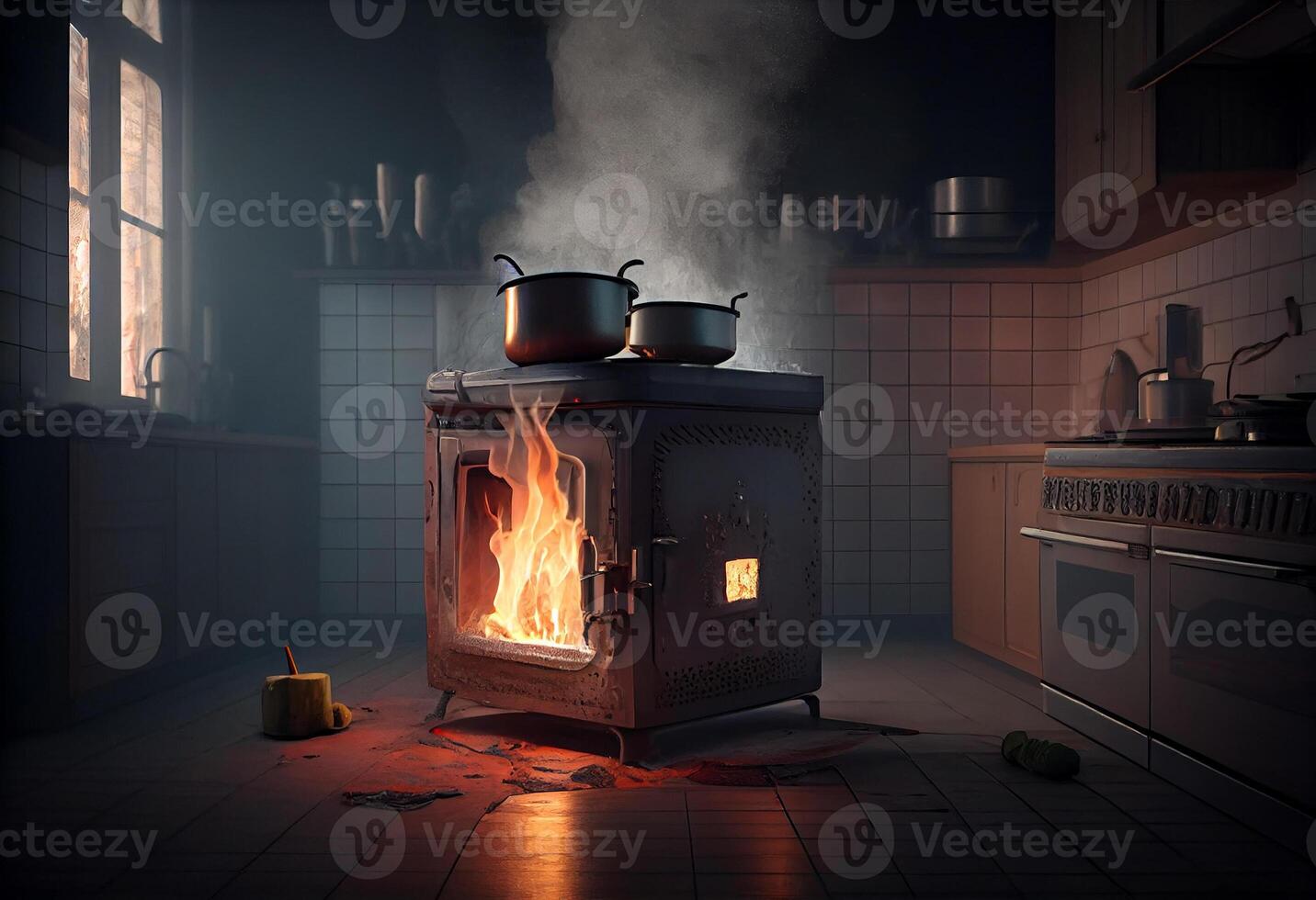 Stove ignited in the modern kitchen during cooking, smoke and soot around, fire at home. photo