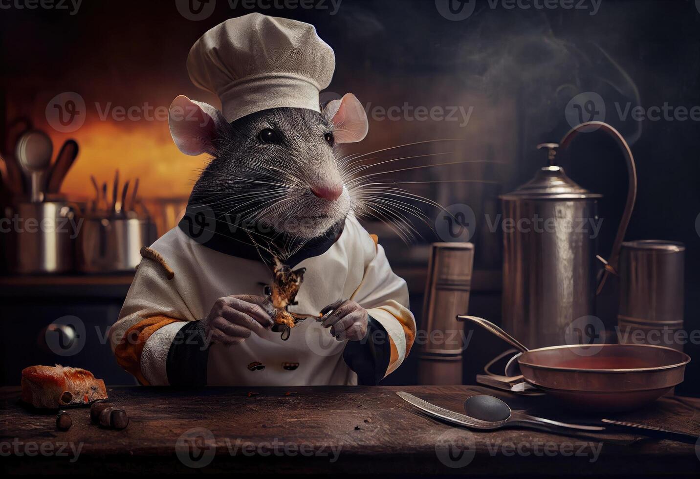 Portrait of a rat chef in a restaurant kitchen. photo
